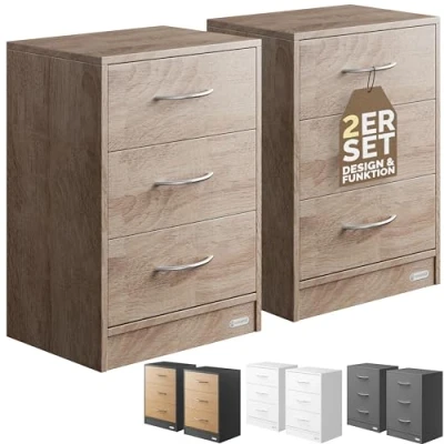 Image of CASARIA® 2x Eloise 3 Drawer Bedside Table Chest Of Drawers Cable Routing Hole Wall Mounting Option Bedroom Nightstand 54x39x28cm Sonoma Oak
