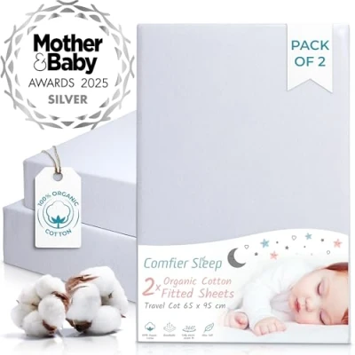 Image of Grey Travel Cot Sheets 95x65 cm 2 Pack Organic Cotton Fitted Sheet Soft Breathable Bedding for Standard Mattress