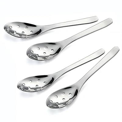 Image of Small Slotted Spoons,4Pcs Modern Stylish Thick Heavy Weight Short Handle Stainless Steel 10 Holes Durable Caviar Spoon for Soup Cereals Dips Curry Sauces Stews