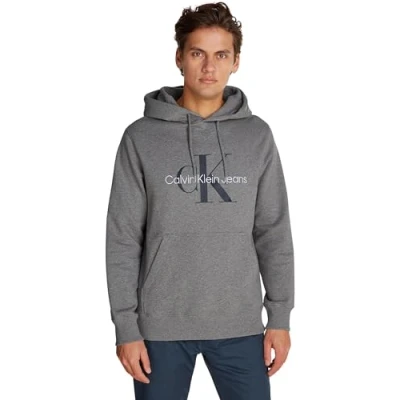 Image of Calvin Klein Jeans Seasonal Monologo Regular Hoodie Sweatshirt, Men&#039;s, Size: XS, Grey heather