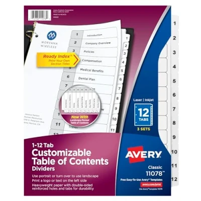 Image of Avery 12 Tab Dividers for 3 Ring Binders, Customizable Table of Contents, Classic White Tabs, Sets (11078)