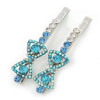 Image of Pair Of Clear/Sky Blue/AB Diamante &#039;Bow&#039; Hair Slides In Rhodium Plating 60mm Length