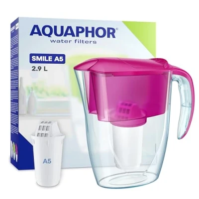Image of AQUAPHOR Smile Water Filter Jug 2.9L, Fits Fridge Doors, Student Friendly Lightweight, Space saving, Includes 1 x A5 350L Filter, Reduces Limescale, Chlorine, Microplastics Pink