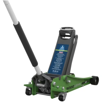 Image of Sealey Trolley Jack 3 Tonne Low Profile Rocket Lift Hi Vis Green