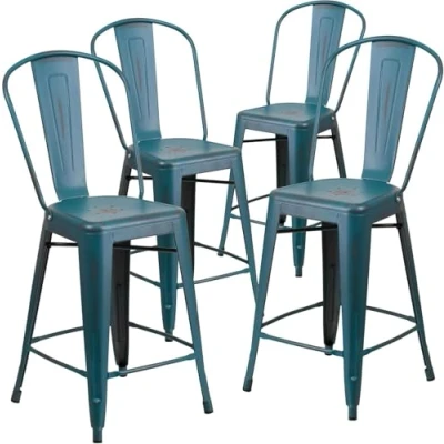 Image of FWStyle Blake Commercial Grade 4 Pack 24&quot; High Metal Indoor Outdoor Counter Height Stool with Back (Distressed Blue Teal)