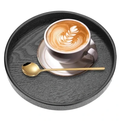 Image of Black Round Serving Tray Wooden Snack Food Meals Tea Trays for Coffee Table Party Bar Restaurant Hotel,(21cm/8.27x0.79inch)