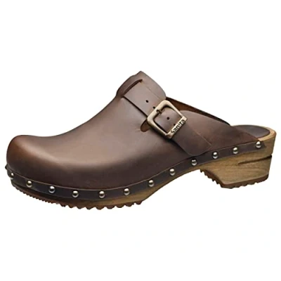 Image of Sanita Julie Mule Clog Original Handmade Wooden Leather for Women, Size: 7.5 UK, Antique Brown