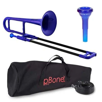 Image of pBone PBONE2B Mini Plastic Trombone with Mouthpiece and Carry Bag Kids Beginner Children Blue