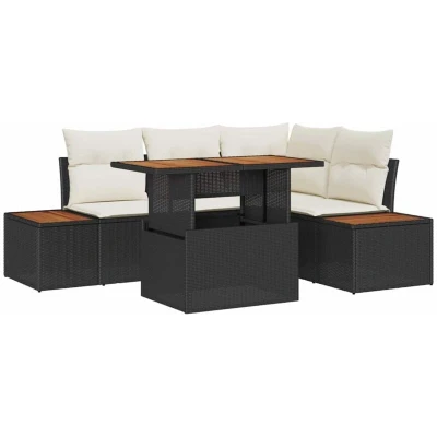 Image of vidaXL 5 Piece Garden Sofa Set with Cushions Black Poly Rattan Acacia