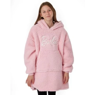 Image of Barbie Girls Wearable Blanket Young Ladies Embroidered Classic Logo Fleece Hoodie in Pink Kids Cosy Heavyweight Snuggle Hooded Pullover Doll Fashion Movie Loungewear Gift for Children