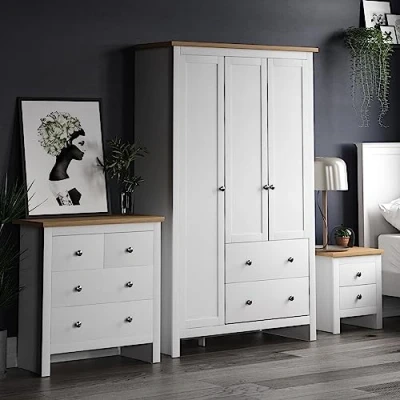 Image of Vida Designs Arlington 3 Piece Bedroom Sets, Bedside cabinet, Chest of Drawer &amp; Wardrobe (White Oak, 2D Nightstand, 4D Door Wardrobe)
