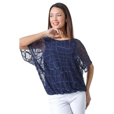 Image of Roman Womens Abstract Check Print Blouson Top Navy Size 10 UK