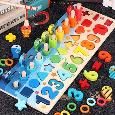 Image of Montessori Educational Games, Magnetic Fishing Game, Wooden for Learning Colors, Mathematics