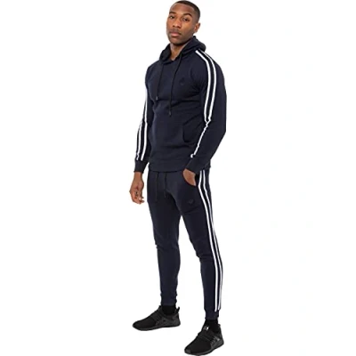Image of Enzo Mens Full Tracksuit Set Striped Pullover Hoodie Casual Hoody Top Fleece Joggers Gym Jogging Bottoms (Navy, S, s)
