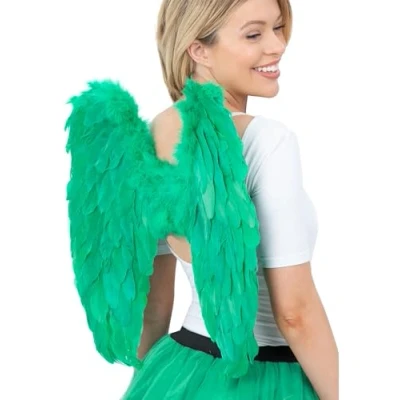 Image of Smiffys Angel Wings, Green Feathered, 50x50cm/20x20in, Fairytale, Wings and Wands Fancy Dress, Adult Dress Up Accessories