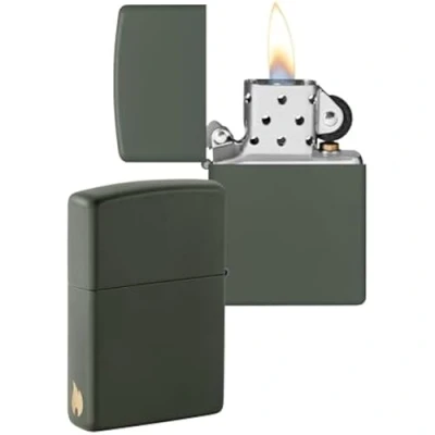 Image of Zippo Windproof Lighter Gold Flame Logo Green Matte Finish Refillable for Lifetime Use Adjustable Gift Box Metal Construction Made in USA