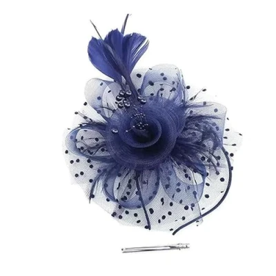 Image of Fascinators Hat Flower Mesh Ribbons Feathers on a Headband and Clip Tea Party Headwear for Women (Navy)