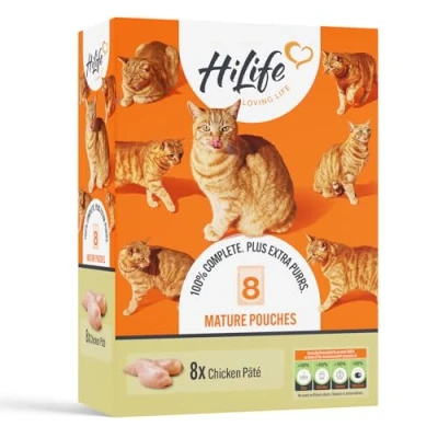 Image of HiLife Mature Wet Cat Food for Senior Cats, Chicken Terrine in Jelly, Complete Pouches, 100% Natural &amp; Grain Free (8 x 70g Pouches)