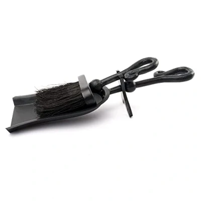 Image of Matt Black Vintage Crook Handle Brush &amp; Shovel Fire Hearth Tidy Set 38cm Length Retro Stove Cleaner Real Place Cleaning Kit Decorative