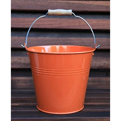 Image of 16CM METAL TIN HERB FLOWER BUCKET WITH WOODEN HANDLE POT PLANTER SWEET TREE (orange)