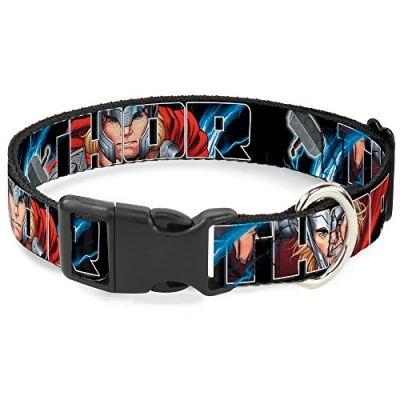 Image of Buckle Down Plastic Clip Collar THOR Poses/Hammer 1/2&quot; Wide Fits 6 9&quot; Neck Small