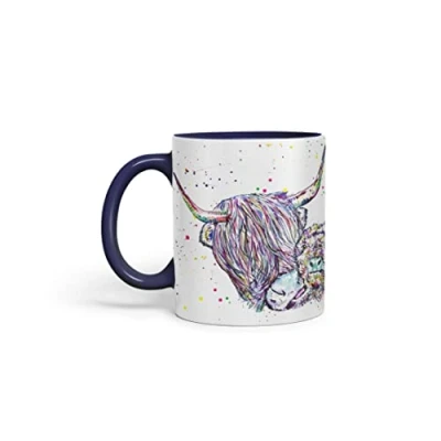 Image of Vixar Highland Cow Scottish with Calf Baby Farm Animals Watercolour Art Coloured Mug Cup Gift Birthday Work Office Tea Coffee (Navy)