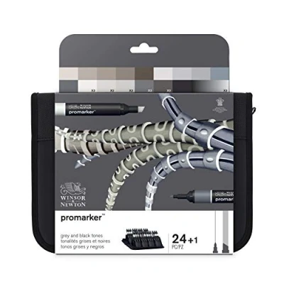 Image of Winsor &amp; Newton, Promarker, Black and Greys Wallet, Set of 24, Alcohol Based Dual Tip Markers