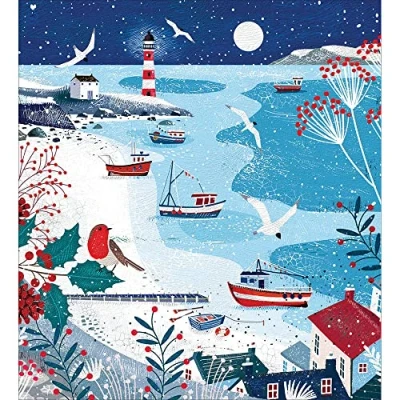 Image of Woodmansterne Artistic Charity Christmas Cards Winter Harbour &amp; Beach Scene Eco Friendly Recyclable Pack of 5