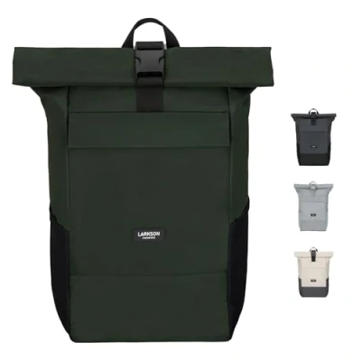 Image of Larkson Roll Top Backpack Women &amp; Men Dark Green No 4 Rucksack for University, School, Office College Laptop Bag 16 Inches Water Repellent