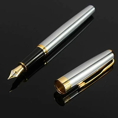 Image of Jinhao Baoer 388 Stainless Steel Fountain Pen Writing Set + 5pk BLACK Cartridges.(Black Ink Cartridges, (Stainless Steel)