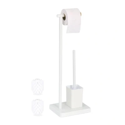 Image of Relaxdays WC Set, HxWxD: 66.5 x 23 18 cm, Free Standing Toilet Roll &amp; Brush Holder, Stainless Steel, White