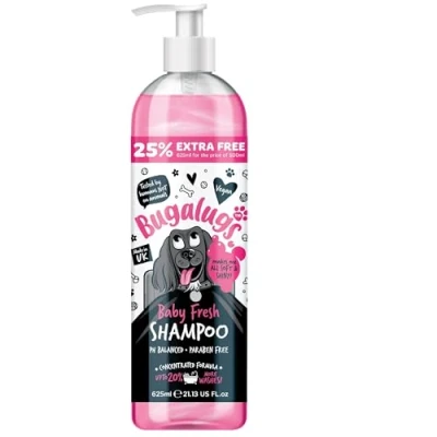 Image of BUGALUGS baby Fresh dog shampoo grooming products for smelly dogs with powder scent, best puppy fresh, conditioner, Vegan pet professional (625ml)