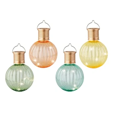 Image of Lumineo Set of 4 Hanging Solar Light Bulbs Coloured Globe Garden Lights Warm White LEDs