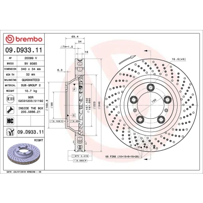 Image of 99135140401, 99135140402 Brake disc BREMBO 09.D933.11 340mm 34mm 5 perforated/vented Coated High carbon PORSCHE: 911 Coupe, Boxster Spyder