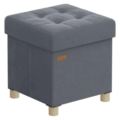 Image of SONGMICS Small Storage Ottoman, 38 x 40 cm, Folding Cube with Lid, Footstool, Footrest, 37 L, Velvet Surface, for Bedroom, Hallway, Living Room, Slate Grey LSF0516G02