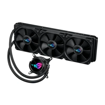 Image of ASUS ROG Strix LC III 360 all in one CPU liquid cooler with rotatable water block, 7th gen V2 Asetek pump, Premium fans, and 10+ custom Aura lighting effects.