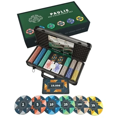 Image of Bullets Playing Cards, &#039;Paulie&#039; Poker Set with 300 Ceramic Chips printed values, including Double Pack of Plaques
