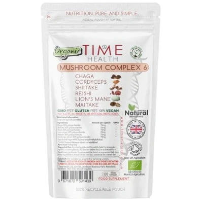Image of Mushroom Complex 6 Organic High Strength 30% Polysaccharides Chaga, Cordyceps, Shiitake, Reishi, Lions Mane, Maitake UK Manufactured (120 Capsule Pouch)