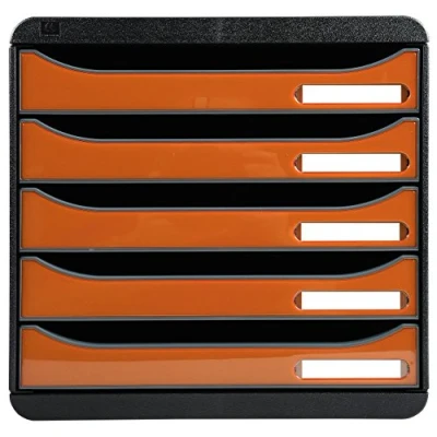 Image of Exacompta Ref 3097288D BIG BOX PLUS Desktop Drawer Set 5 x 43mm Drawers, Suitable for A4+ Documents, 347 278 271mm, 100% Recycled Plastic Black/Glossy Tangerine
