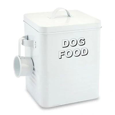 Image of HOMION Metal dog food tin pets storage box container canister lid with scoop (White)