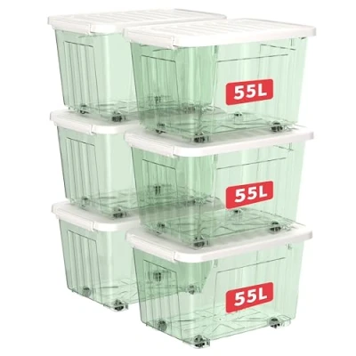 Image of Cetomo 55L*6 Storage Boxes with Wheels, Plastic Box Lid, Latching Buckles, Click Closure, Stackable, Nesting, Durable Organizer for Home Office Clothes, Clear Green, 55L 6 Pack