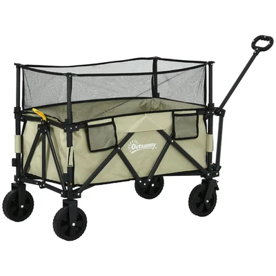 Image of Outsunny 180L Folding Garden Trolley Cart, Outdoor Collapsible Wagon with Extendable Side Walls and Telescopic Handle, for Beach, Camping, Festival, Khaki