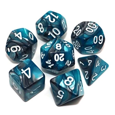 Image of CREEBUY 7Pcs DND Dice Set Lake Blue &amp; Silver RPG Polyhedral for Dungeon and Dragons MTG D&amp;D Role Playing with D20 D12 D% D10 D8 D6 D4