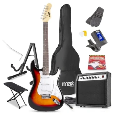 Image of Max Gigkit Sunburst Electric Guitar Starter Pack Beginner Set with Amp, Foot Stand &amp; Includes 6 Months Free Online Lessons for Aspiring Musicians