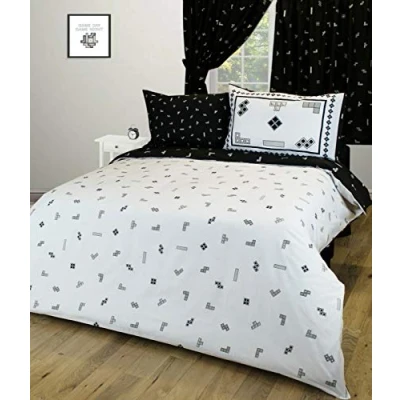 Image of Double Bed Tetris Monochrome Duvet Cover Set Black White Reversible Bedding