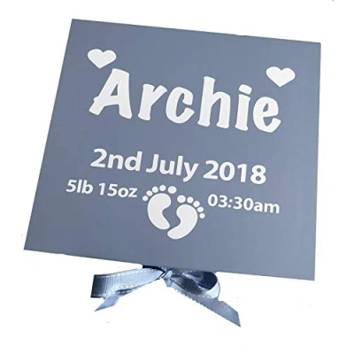 Image of Little Secrets Clothing Personalised Blue Newborn Baby Boy Name and Details Keepsake Memory Ribbon Box Gift 30cm