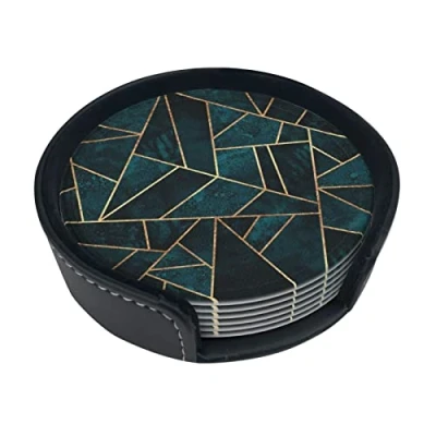 Image of Round Coasters, Abstract Nature Emerald Green,Mugs Pad Cups Mat Set of 6 Leather Drinks Coasters with Holder