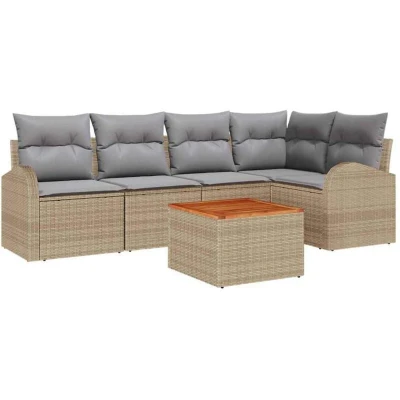 Image of vidaXL 6 Piece Garden Sofa Set with Cushions Beige Poly Rattan Acacia