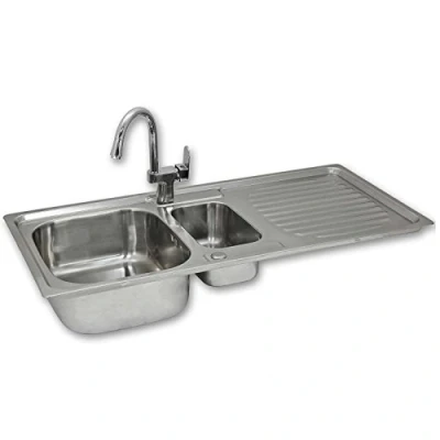 Image of KuKoo Stainless Steel Kitchen Sink Basin &amp; Confetti Tap, Reversible 1.5 Bowl, 105cm x 18cm 50cm