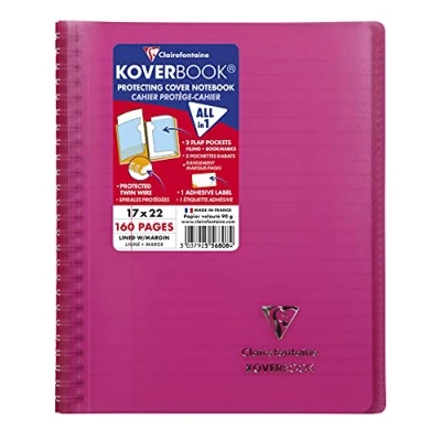 Image of Clairefontaine Ref 556808C Koverbook Wirebound Notebook (160 Pages) 170 x 220mm Size, Lined &amp; Margin Ruling, 90gsm Brushed Vellum Paper, Polypro Cover Pink